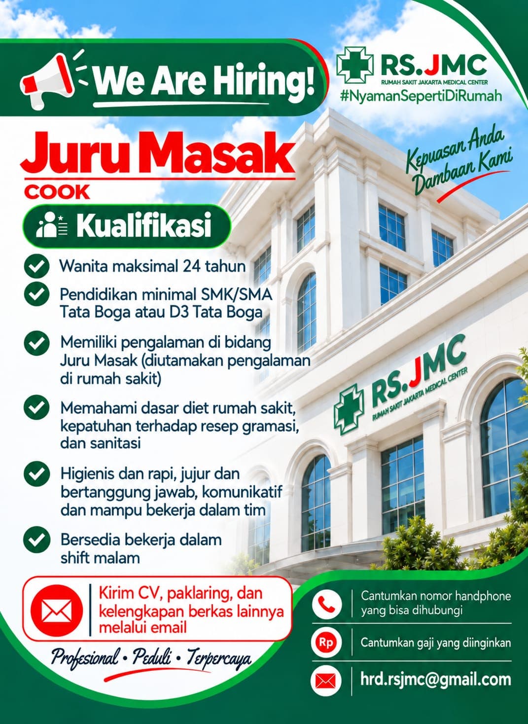 Poster lowongan kerja Juru Masak di RS Jakarta Medical Center.