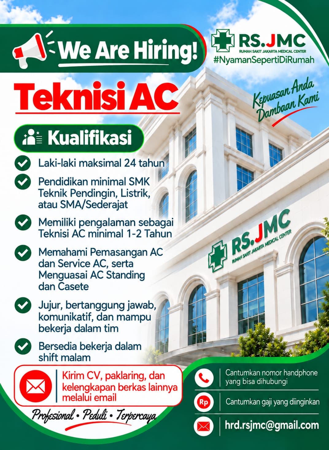 Poster lowongan kerja Teknisi AC di RS Jakarta Medical Center.