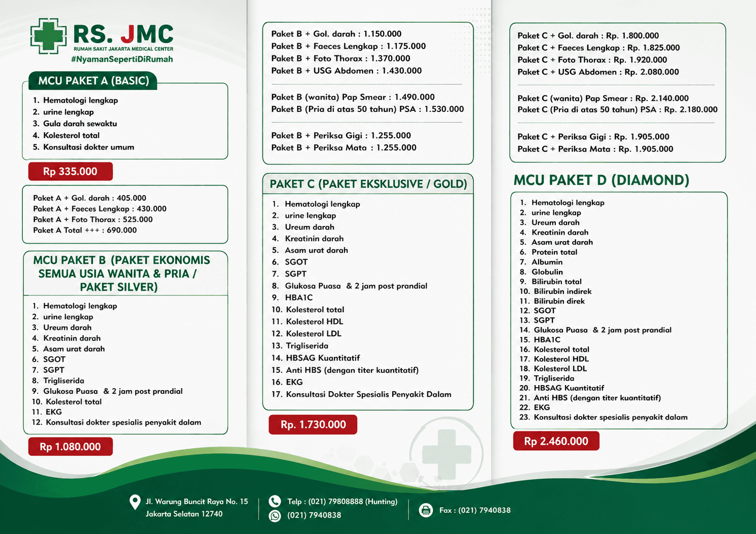 Poster MCU General lembar pertama: rincian pemeriksaan dan harga Paket A, B, C, dan D beserta pilihan tambahannya.