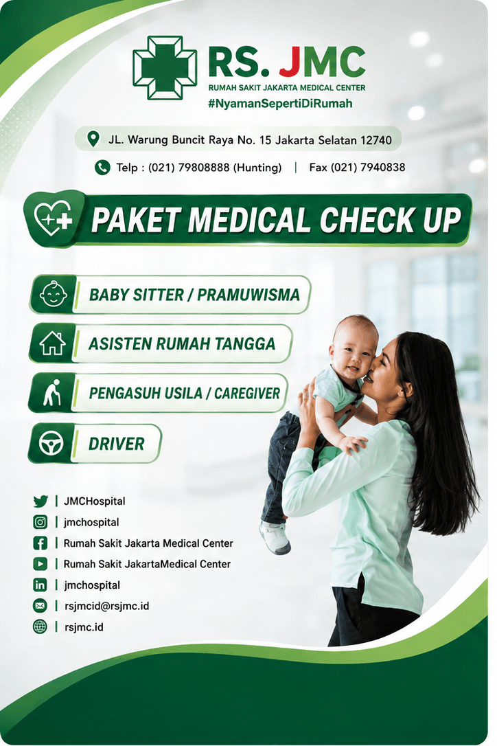 Poster MCU Baby Sitter, Driver, dan Care Giver RS JMC: rincian pemeriksaan dan harga Paket A, B, dan C beserta pilihan tambahannya.