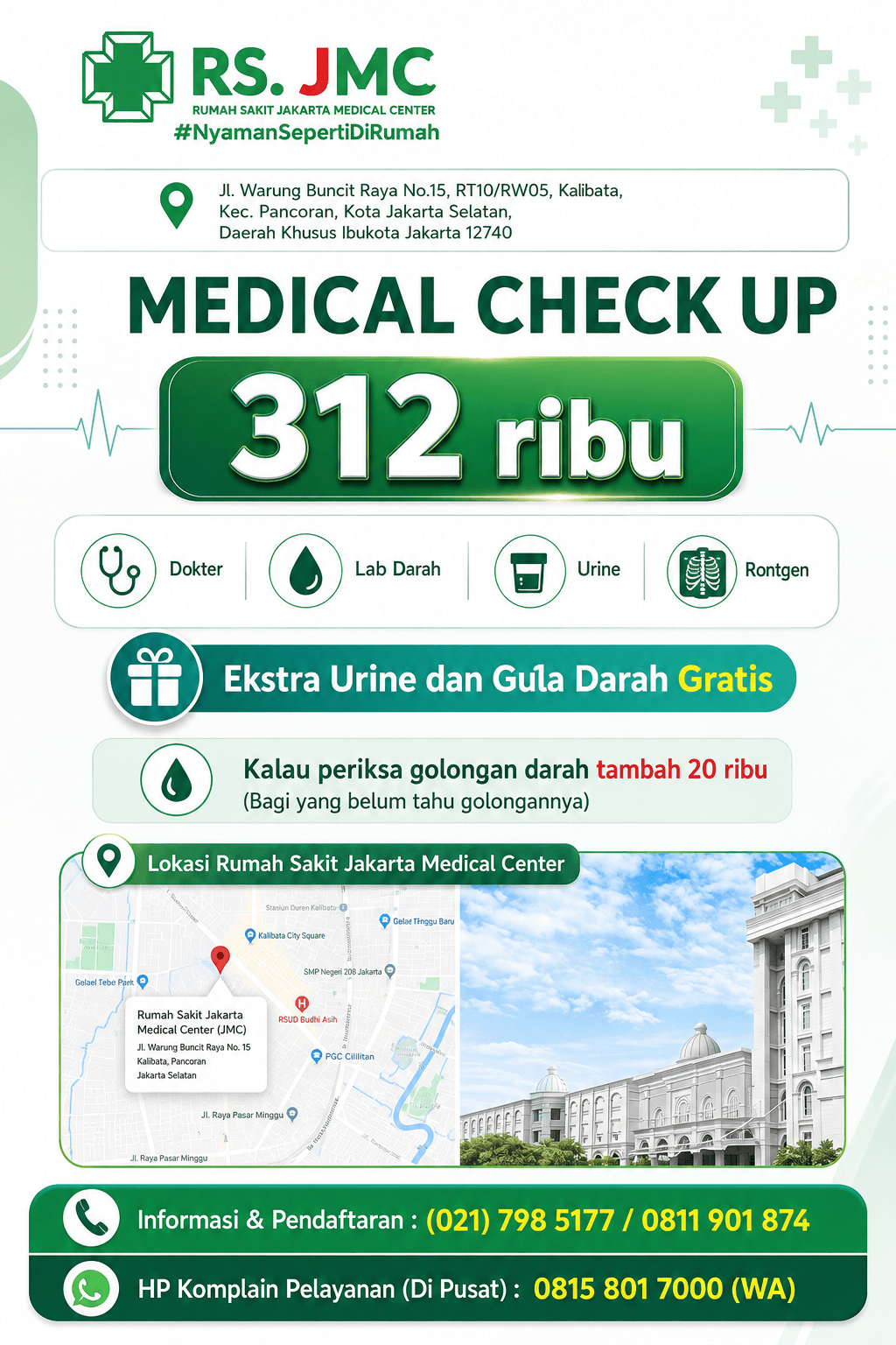 Poster MCU Ekonomis RS JMC seharga 312 ribu, berisi pemeriksaan dokter, laboratorium darah, urine, dan rontgen.