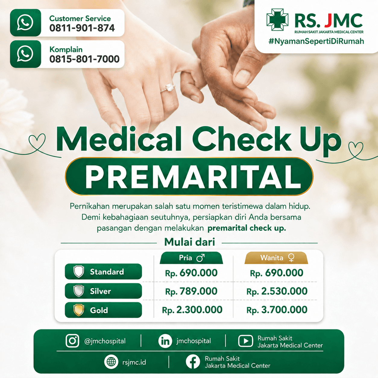 Poster MCU Premarital RS JMC berisi daftar harga paket Standard, Silver, dan Gold untuk pria dan wanita.