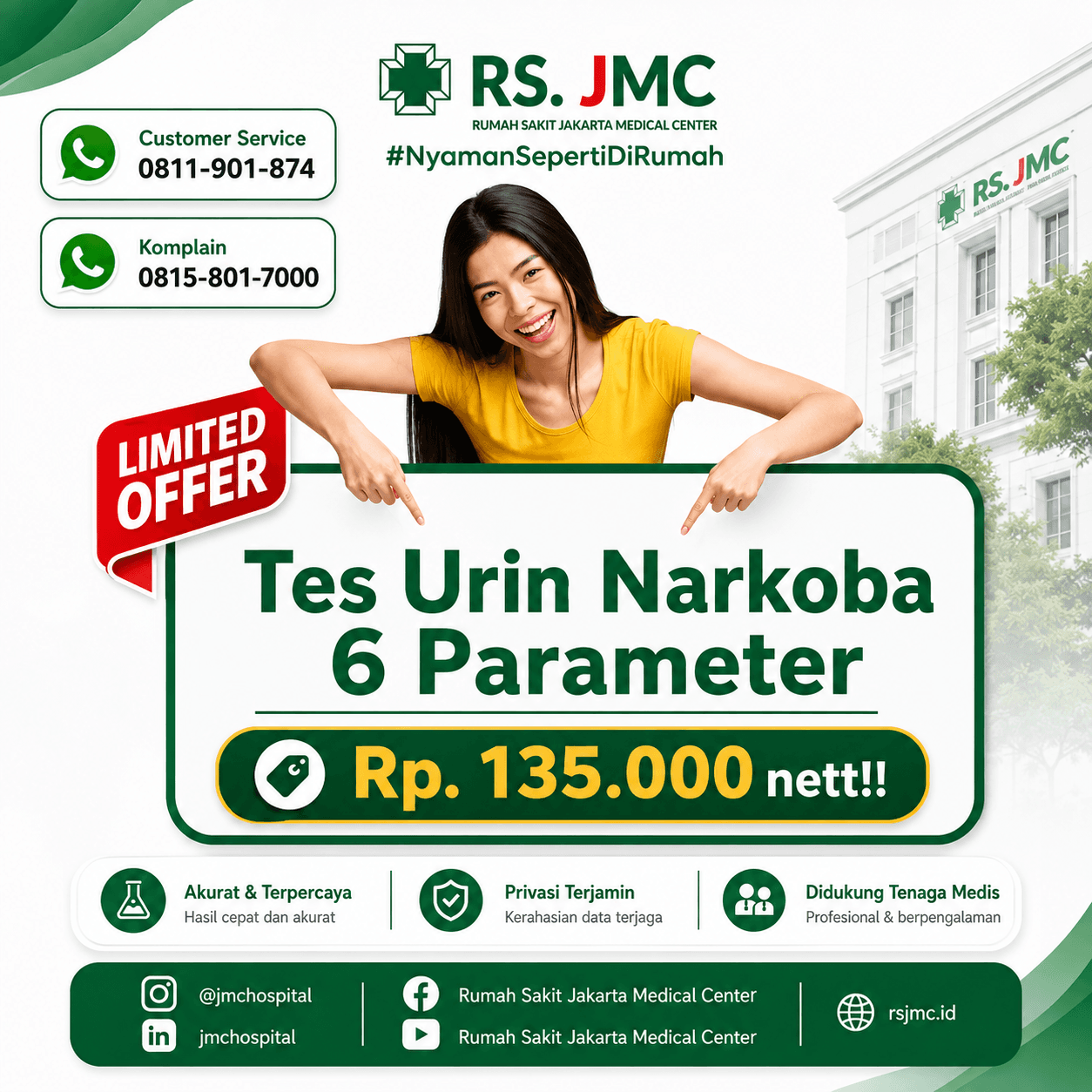 Poster tes urin narkoba enam parameter RS JMC, dengan keterangan penawaran terbatas.