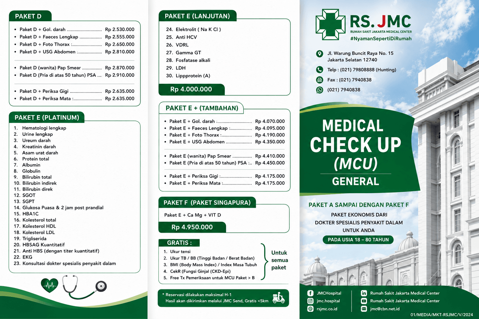 Poster MCU General lembar kedua: tambahan Paket D, rincian Paket E dan F, serta daftar pemeriksaan gratis.