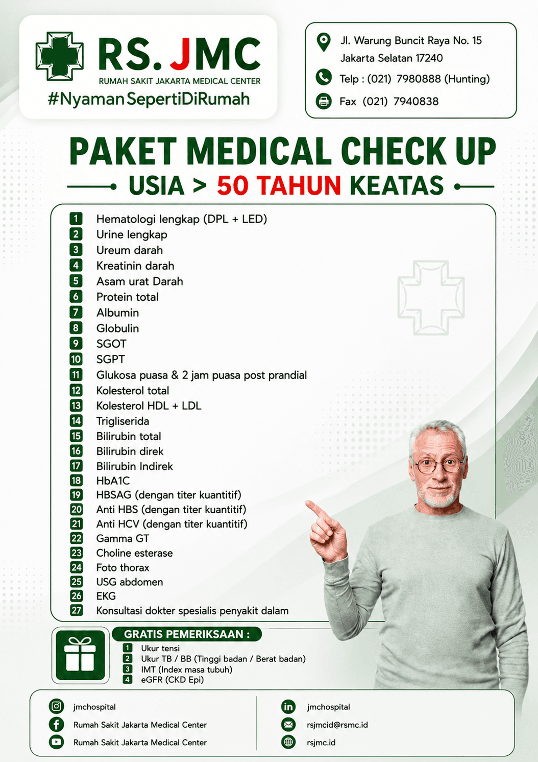 Daftar pemeriksaan paket usia di atas 50 tahun beserta daftar pemeriksaan gratis.