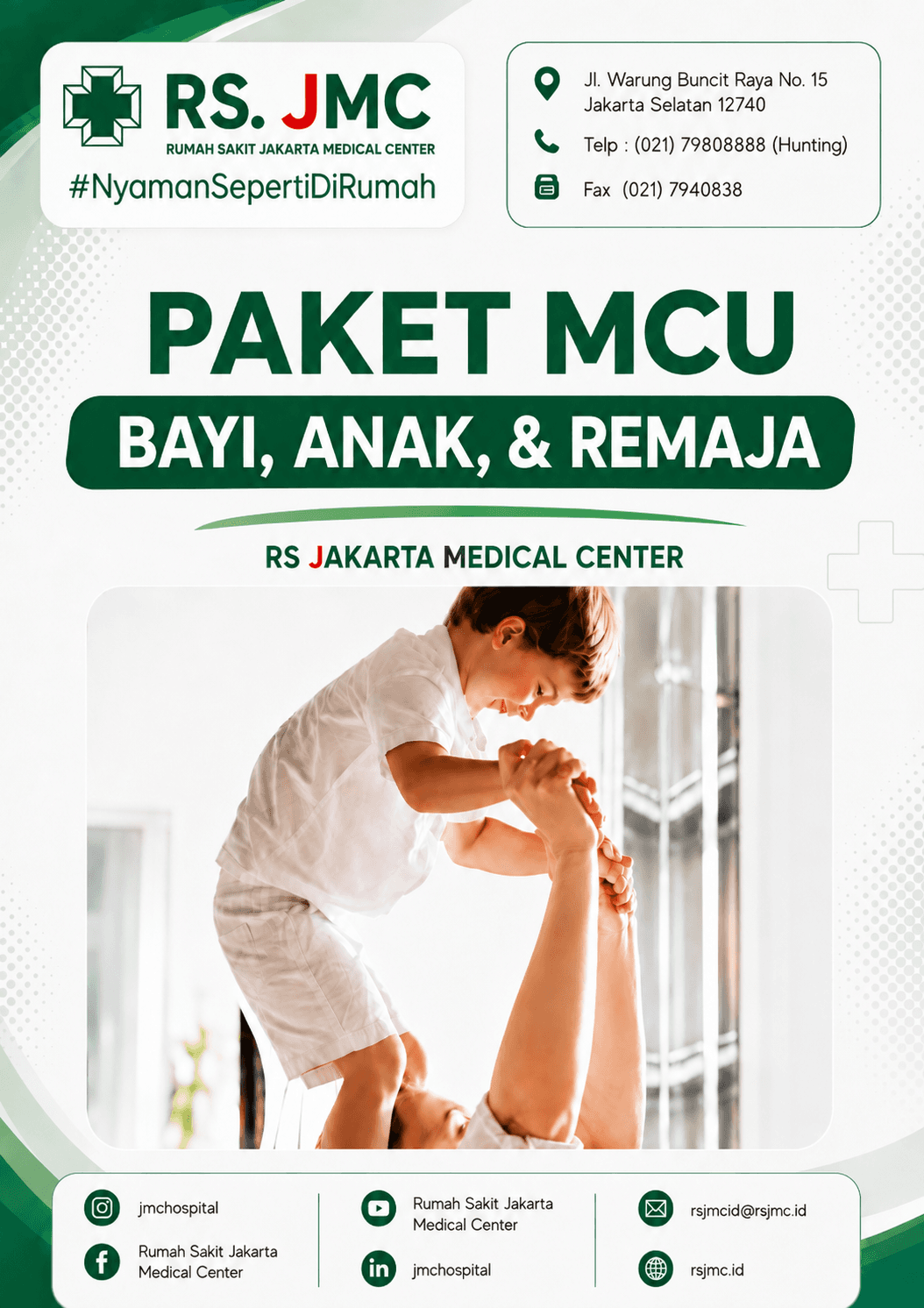 Poster MCU Anak: rincian pemeriksaan dan harga paket bayi, balita, usia sekolah dini, dan remaja.