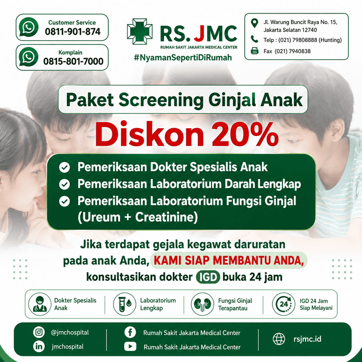Poster Paket Screening Ginjal Anak RS JMC: pemeriksaan dokter spesialis anak, darah lengkap, dan fungsi ginjal.