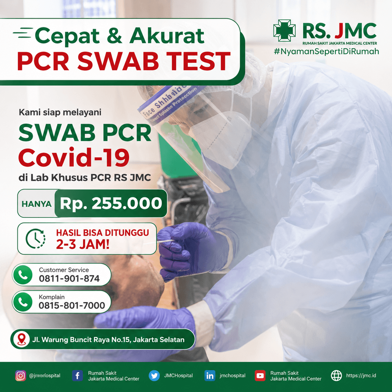 Poster layanan swab PCR Covid-19 RS Jakarta Medical Center.
