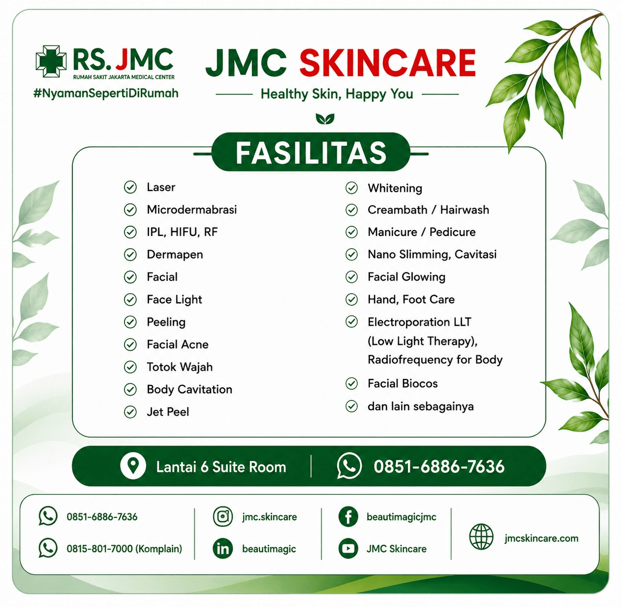 Poster JMC Skincare lembar kedua: daftar lengkap fasilitas dan perawatan, alamat, nomor WhatsApp, dan akun media sosial.