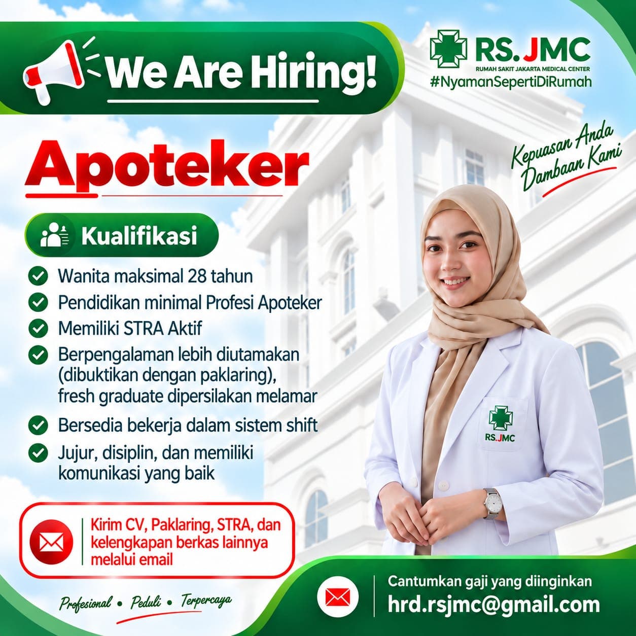 Poster lowongan kerja Apoteker di RS Jakarta Medical Center.