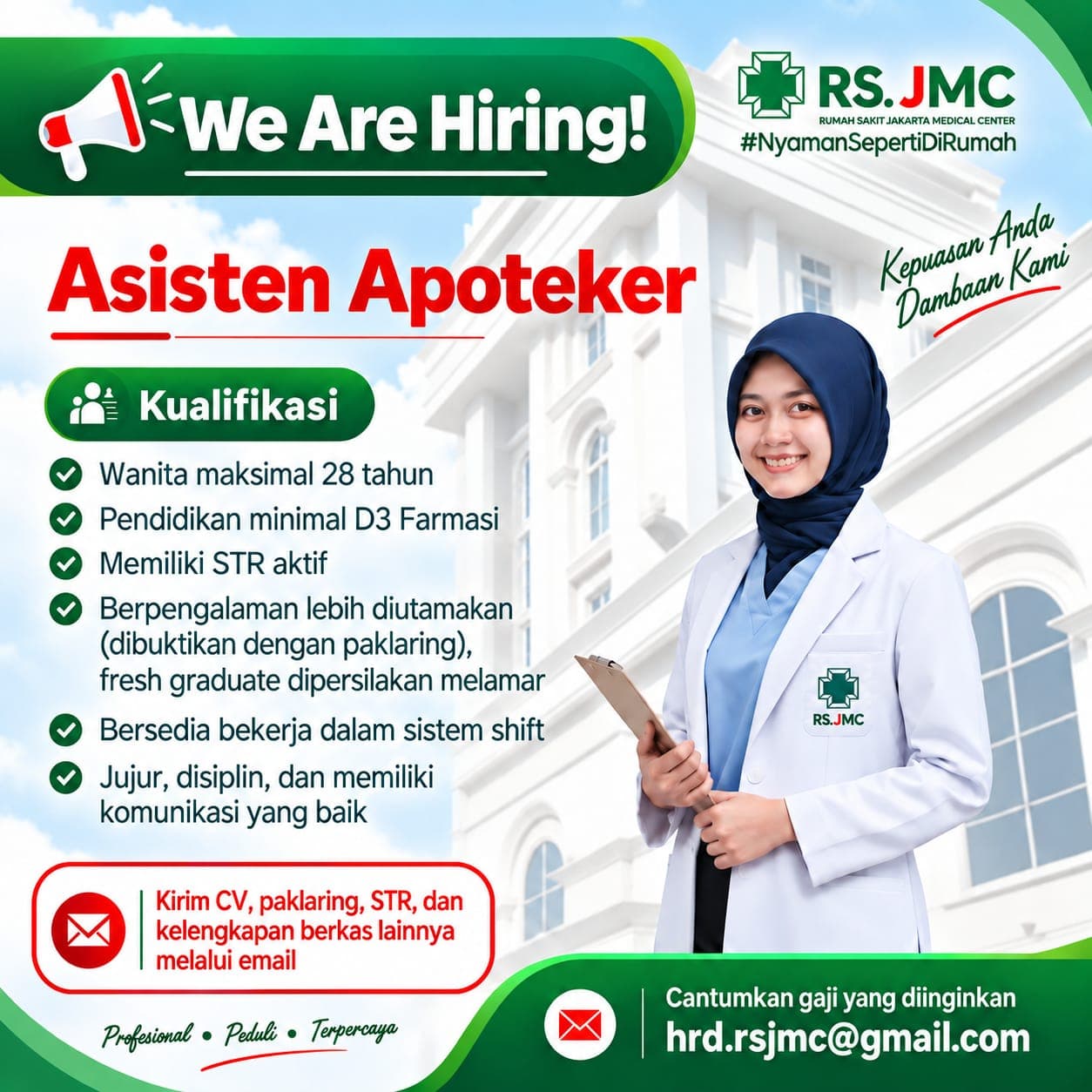Poster lowongan kerja Asisten Apoteker di RS Jakarta Medical Center.